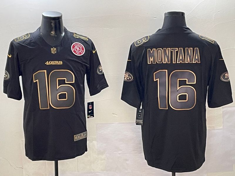 Men San Francisco 49ers 16 Montana Black Gold 2024 Nike Limited NFL Jersey style 01083